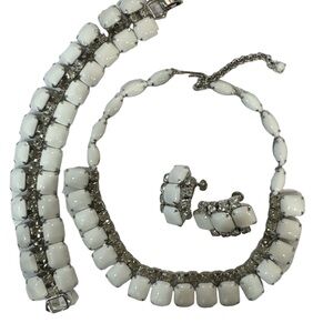 Vtg Milk Glass Necklace Bracelet Earrings Rhinestone Continental Parure …